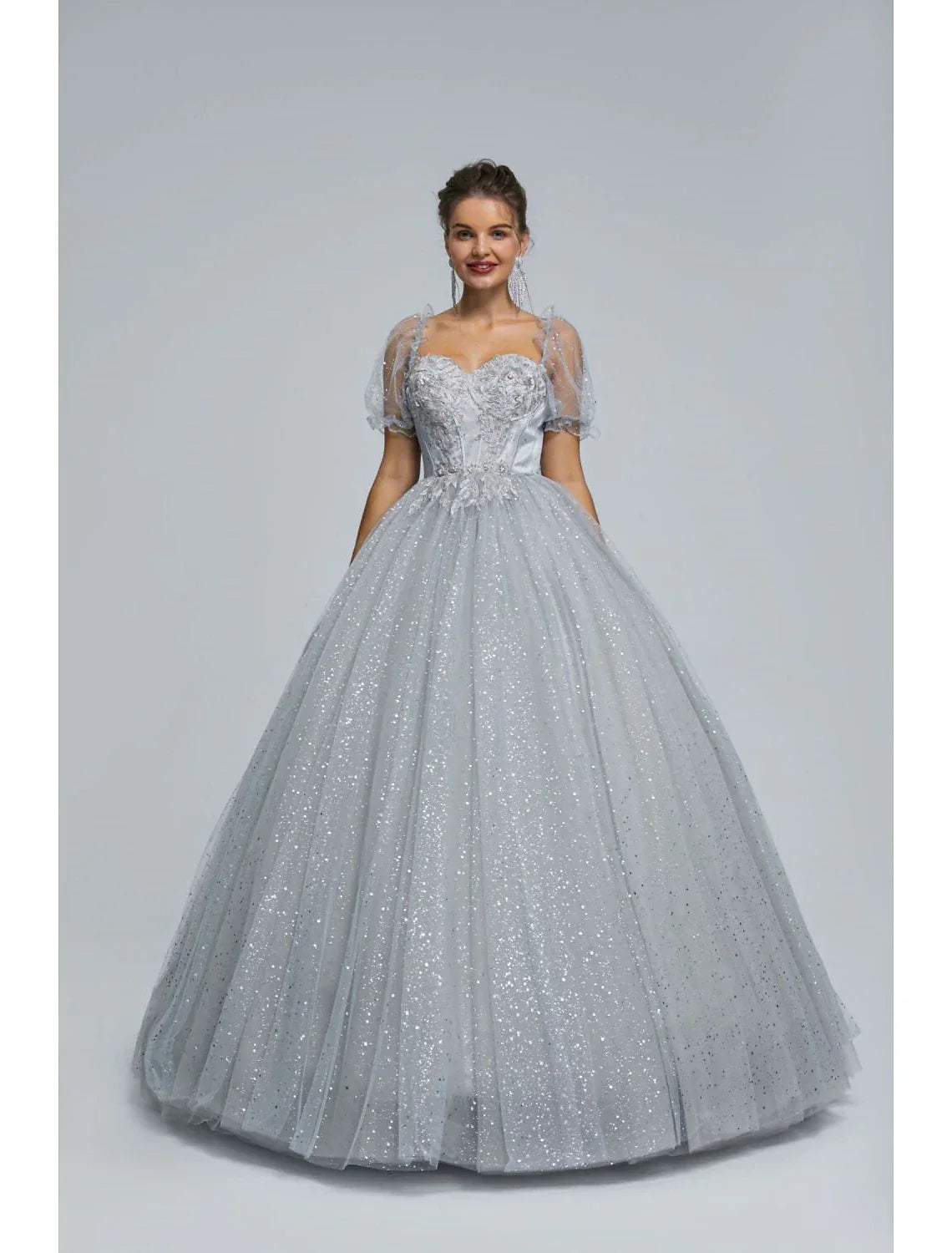 Ball Gown Prom Dresses Princess Dress Graduation Quinceanera Floor Length Short Sleeve Sweetheart with Appliques