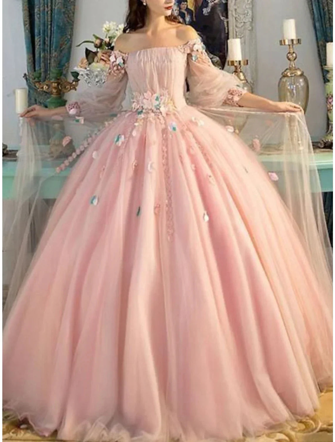 Ball Gown Quinceanera Dresses Floral Dress Wedding Prom Floor Length Long Sleeve Off Shoulder with Appliques