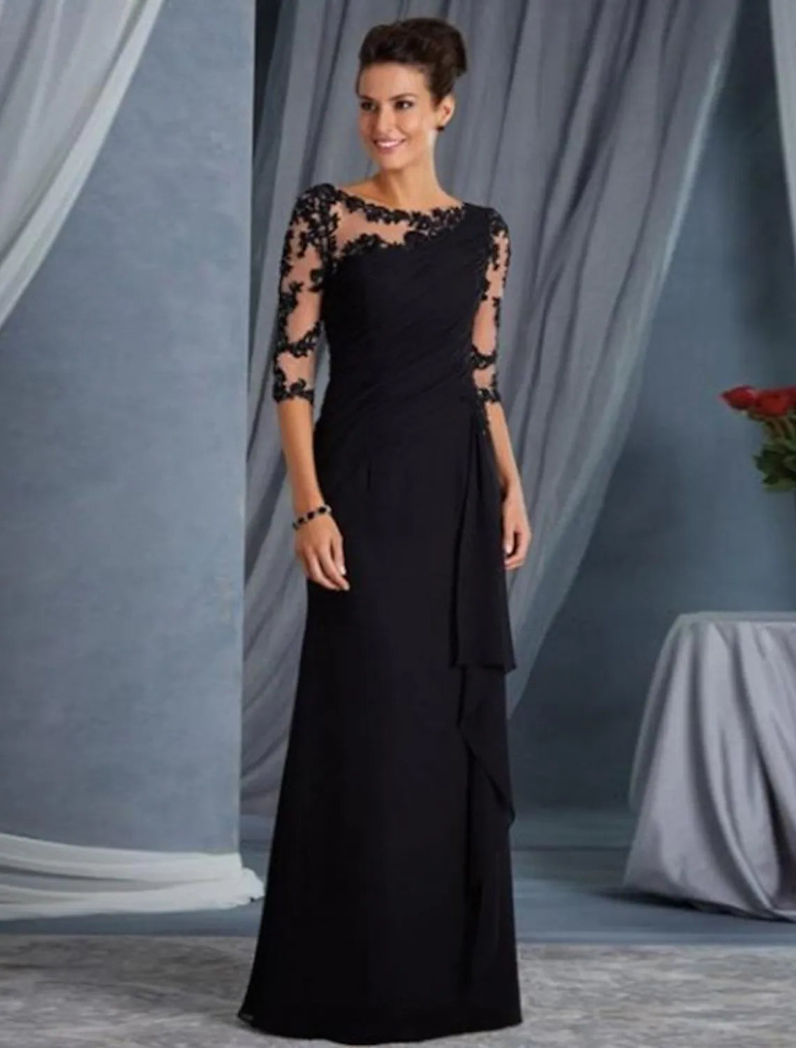 Evening Gown Elegant Dress Wedding Guest Floor Length Half Sleeve Appliques