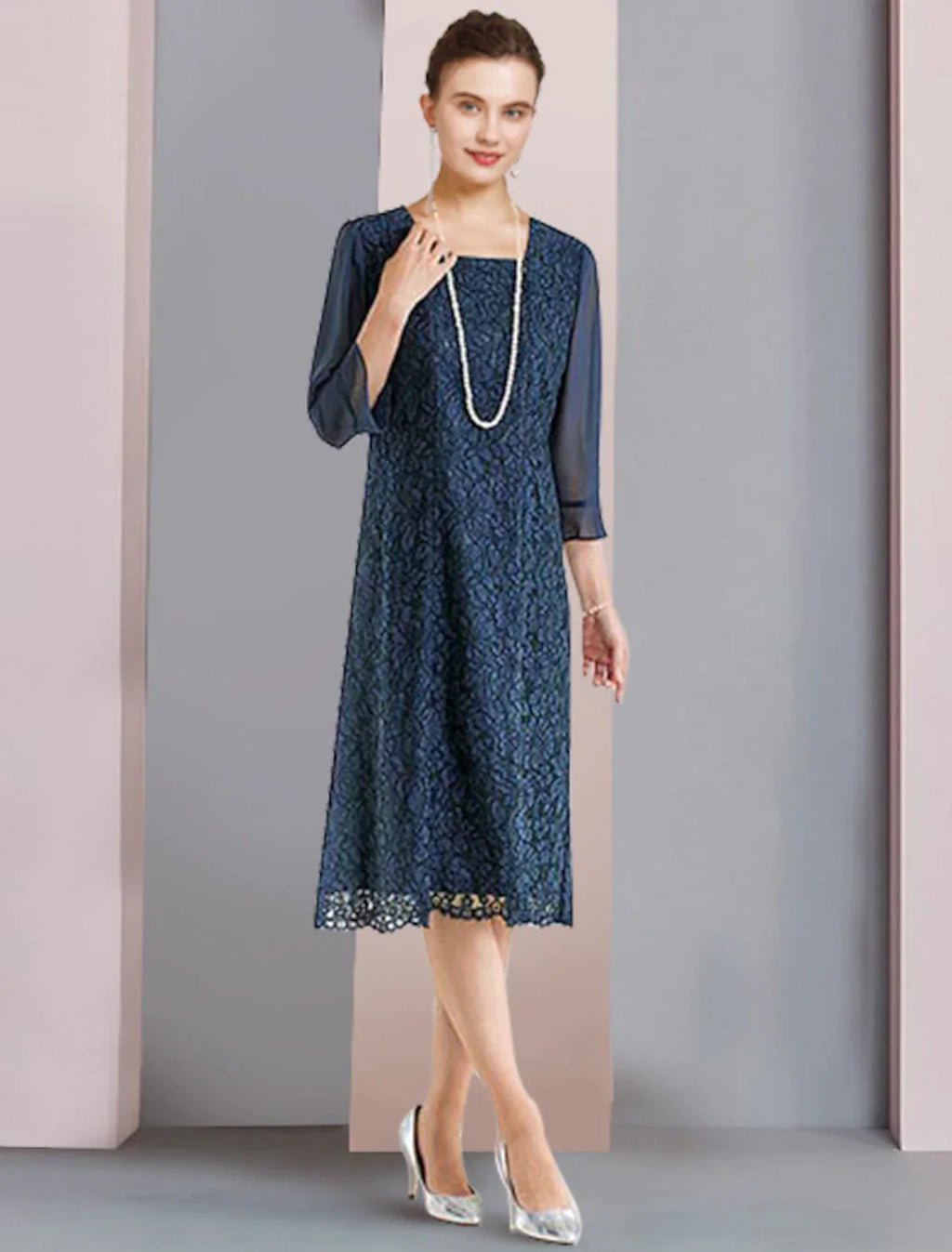 Two Piece Sheath / Column Mother of the Bride Dress Formal Wedding Guest Elegant Scoop Neck Tea Length 3/4 Length Sleeve Jacket Dresses with Flower