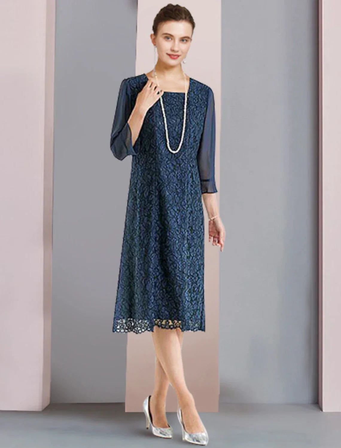 Two Piece Sheath / Column Mother of the Bride Dress Formal Wedding Guest Elegant Scoop Neck Tea Length 3/4 Length Sleeve Jacket Dresses with Flower