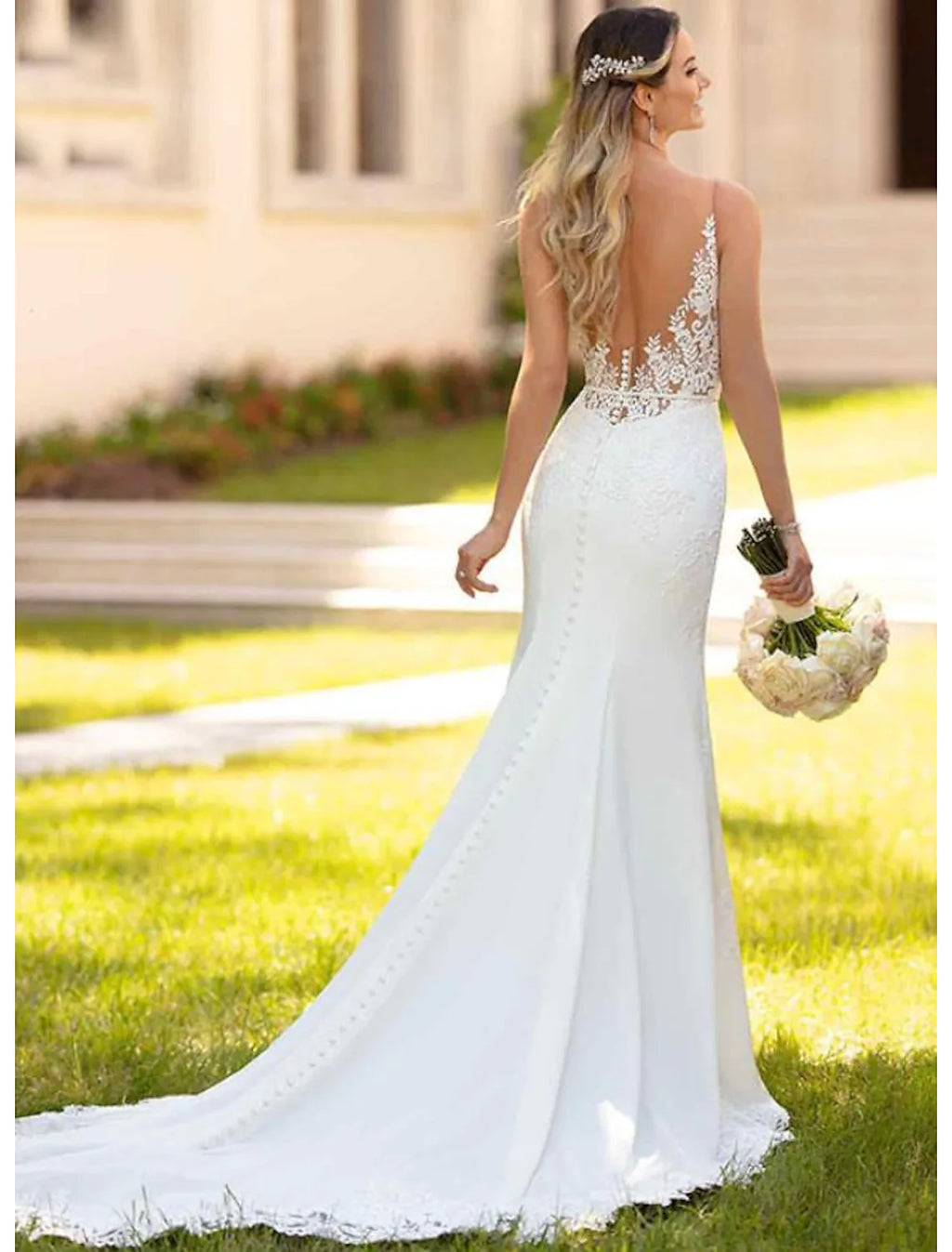 Engagement Open Back Sexy Wedding Dresses V Neck Appliques