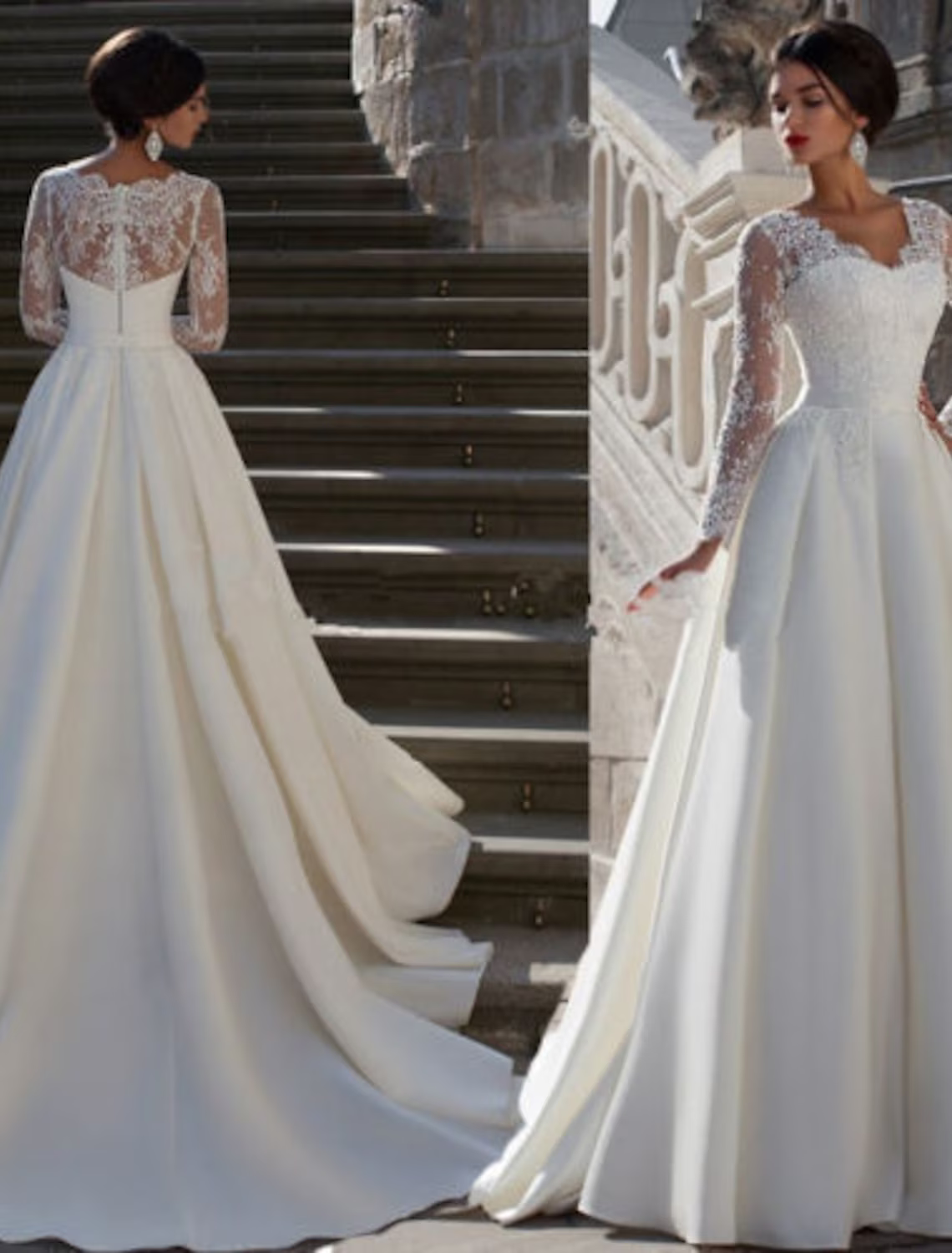 Engagement Formal Wedding Dresses Court Train A-Line Long Sleeve V Neck With Appliques
