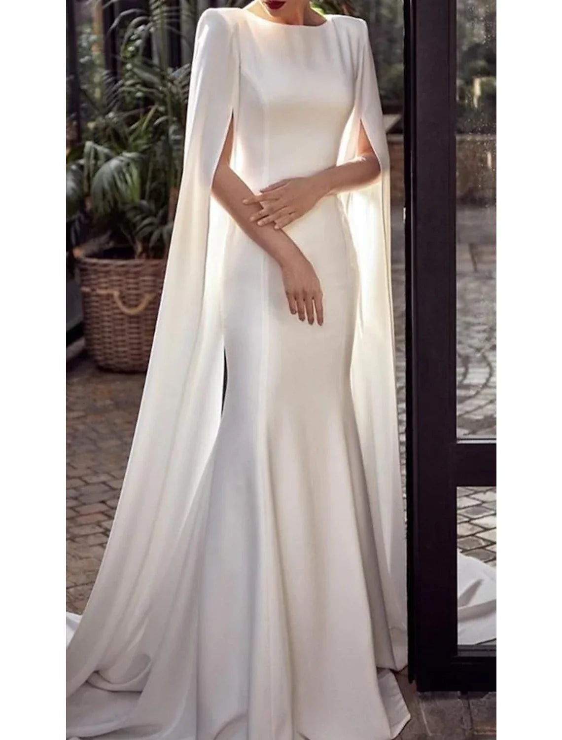 Mermaid Party Dress Evening Gown Maxi Dress Formal Wedding Guest Court Train Sleeveless Jewel Neck Capes with Shawl
