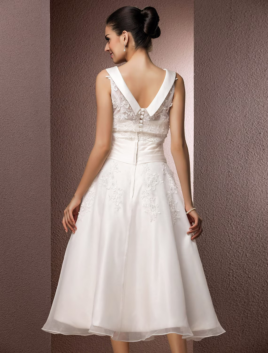 Hall Wedding Dresses Tea Length A-Line Regular Straps Bateau Neck With Pearl Beading