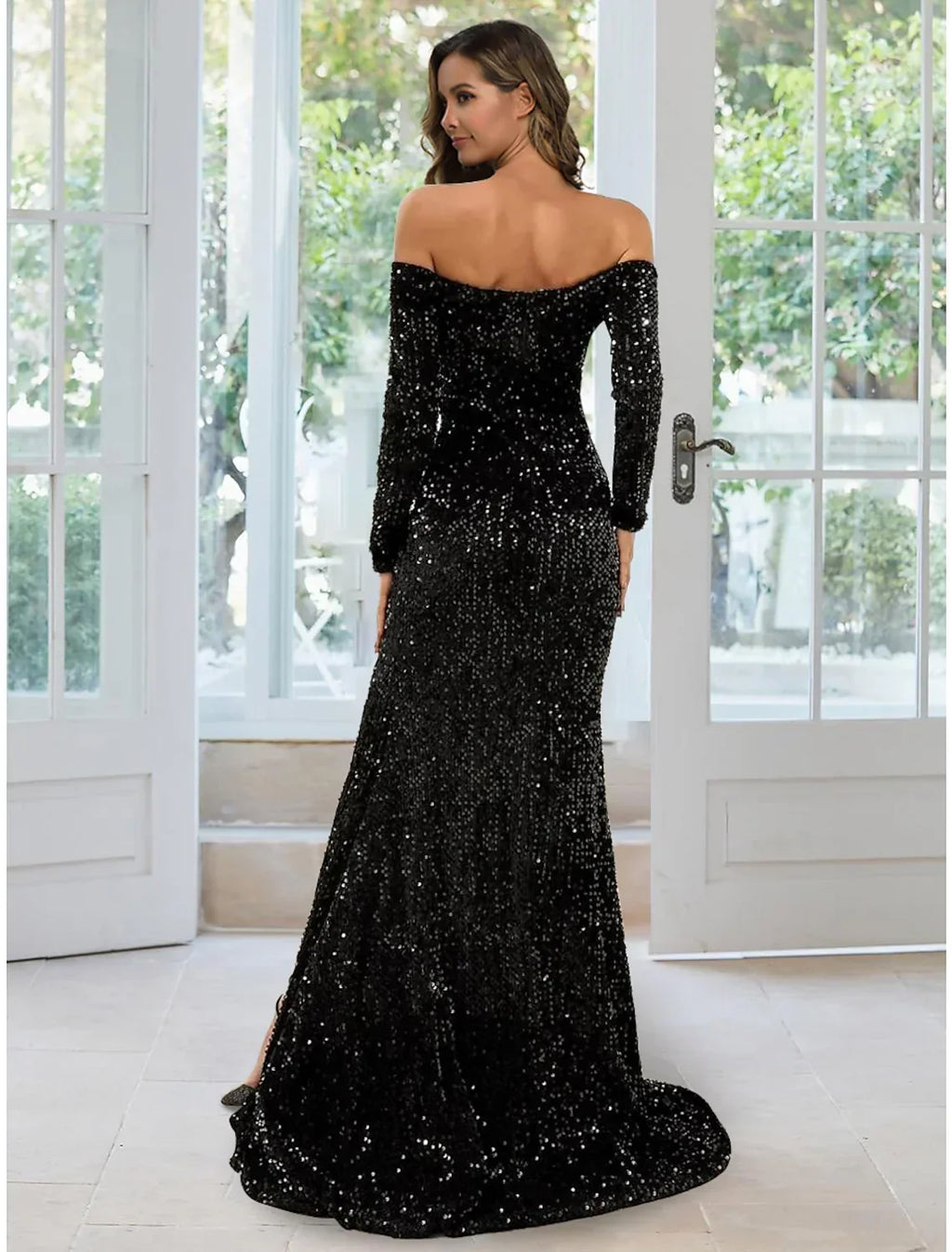 Black Evening Gown Dress Formal Long Sleeve Off Shoulder