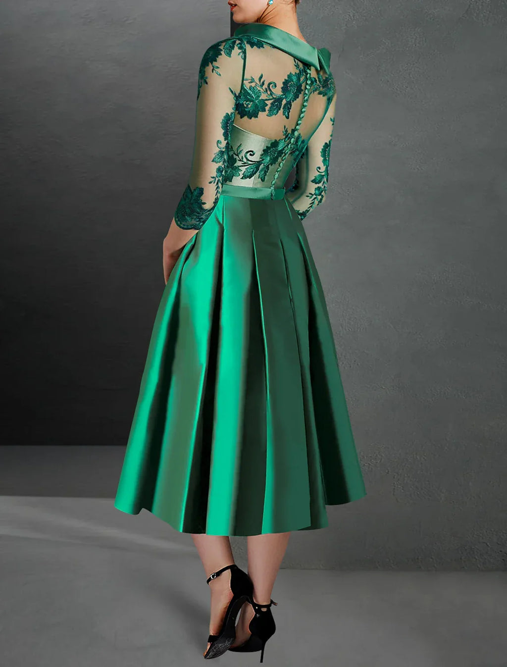 Green Cocktail Dress Christmas Red Dresses Formal Kentucky Derby Tea Length 3/4 Length Sleeve Jewel Neck Fall Wedding Guest with Pleats Appliques