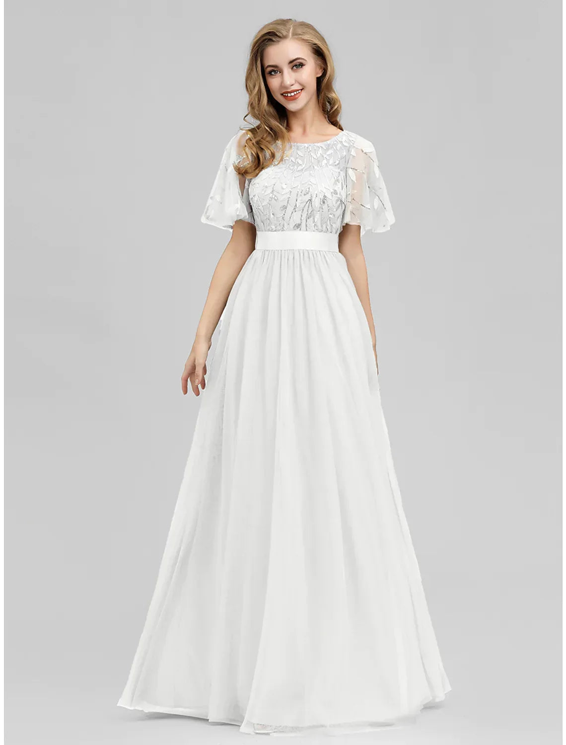 Wedding Guest Floor Length Short Sleeve with Appliques