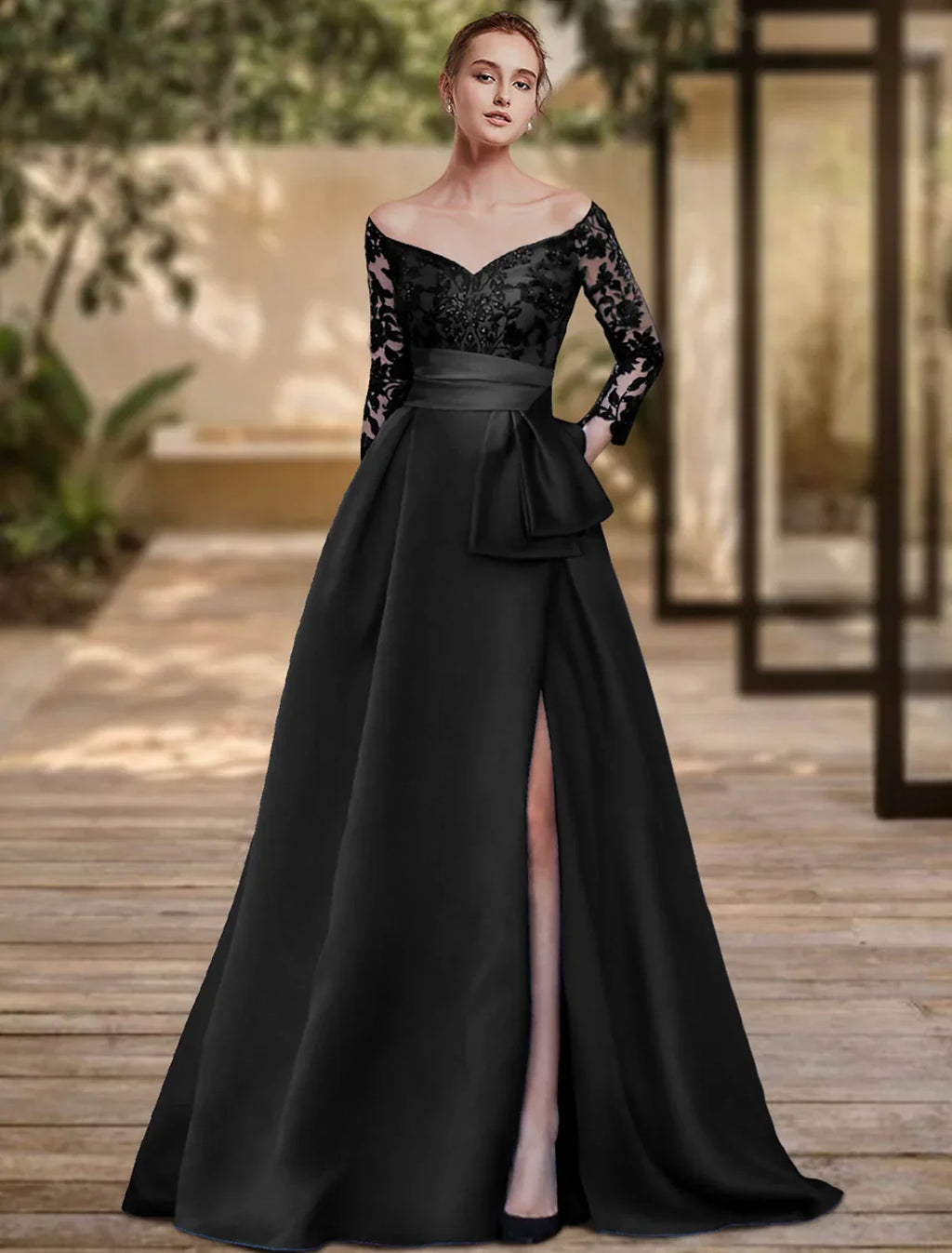 Sheath / Column Evening Gown High Split Dress Formal Wedding Guest Sweep / Brush Train 3/4 Length Sleeve Off Shoulder Charmeuse with Bow(s) Slit