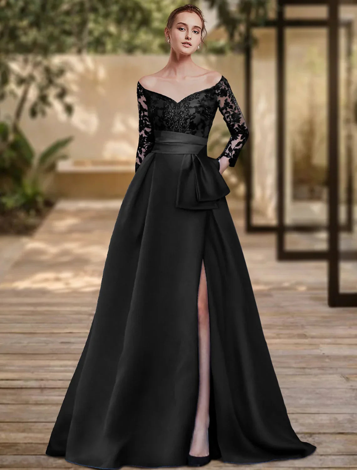 Sheath / Column Evening Gown High Split Dress Formal Wedding Guest Sweep / Brush Train 3/4 Length Sleeve Off Shoulder Charmeuse with Bow(s) Slit
