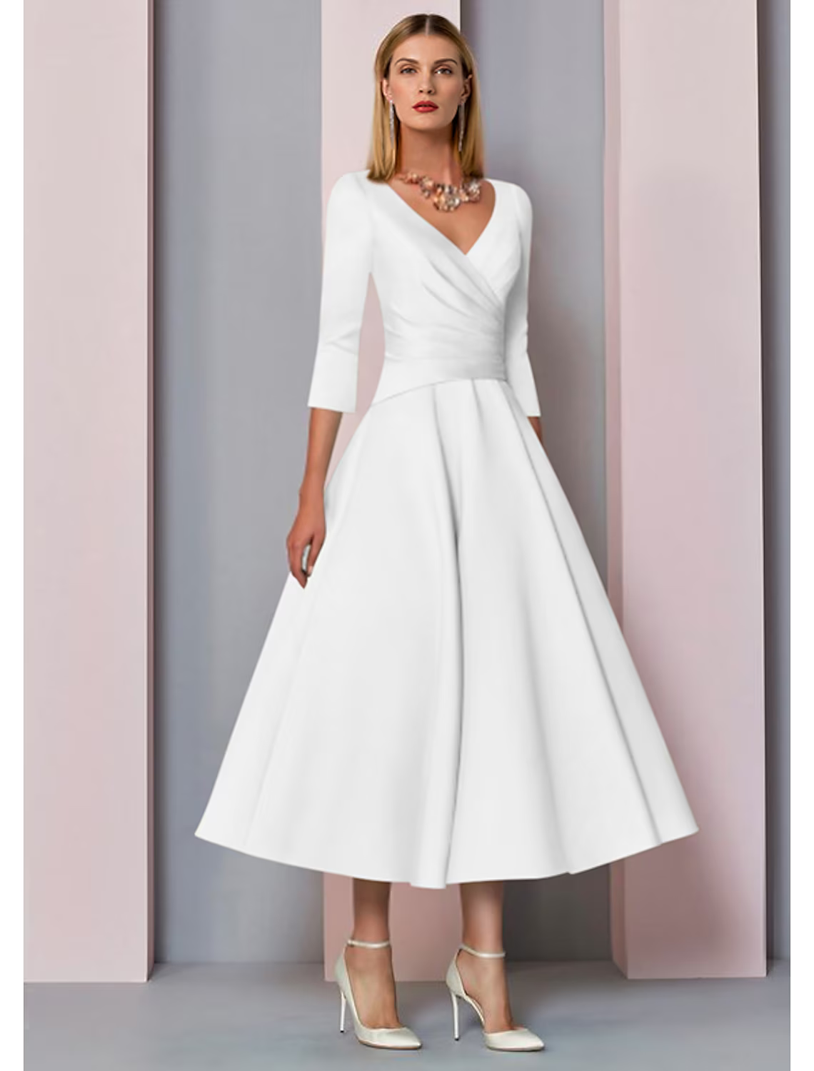 Mother of the Bride Dress Wedding Guest Vintage Plus Size Elegant V Neck Length 3/4 Length Sleeve with Pleats
