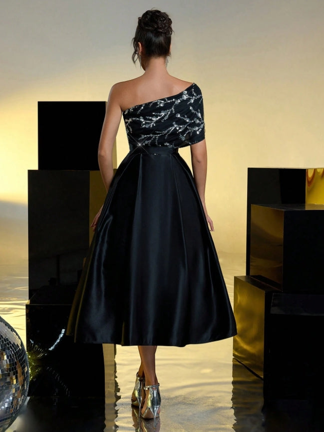 Black Evening Gown Elegant Dress Formal Ankle Length Dress Short Sleeve One Shoulder with Pleats