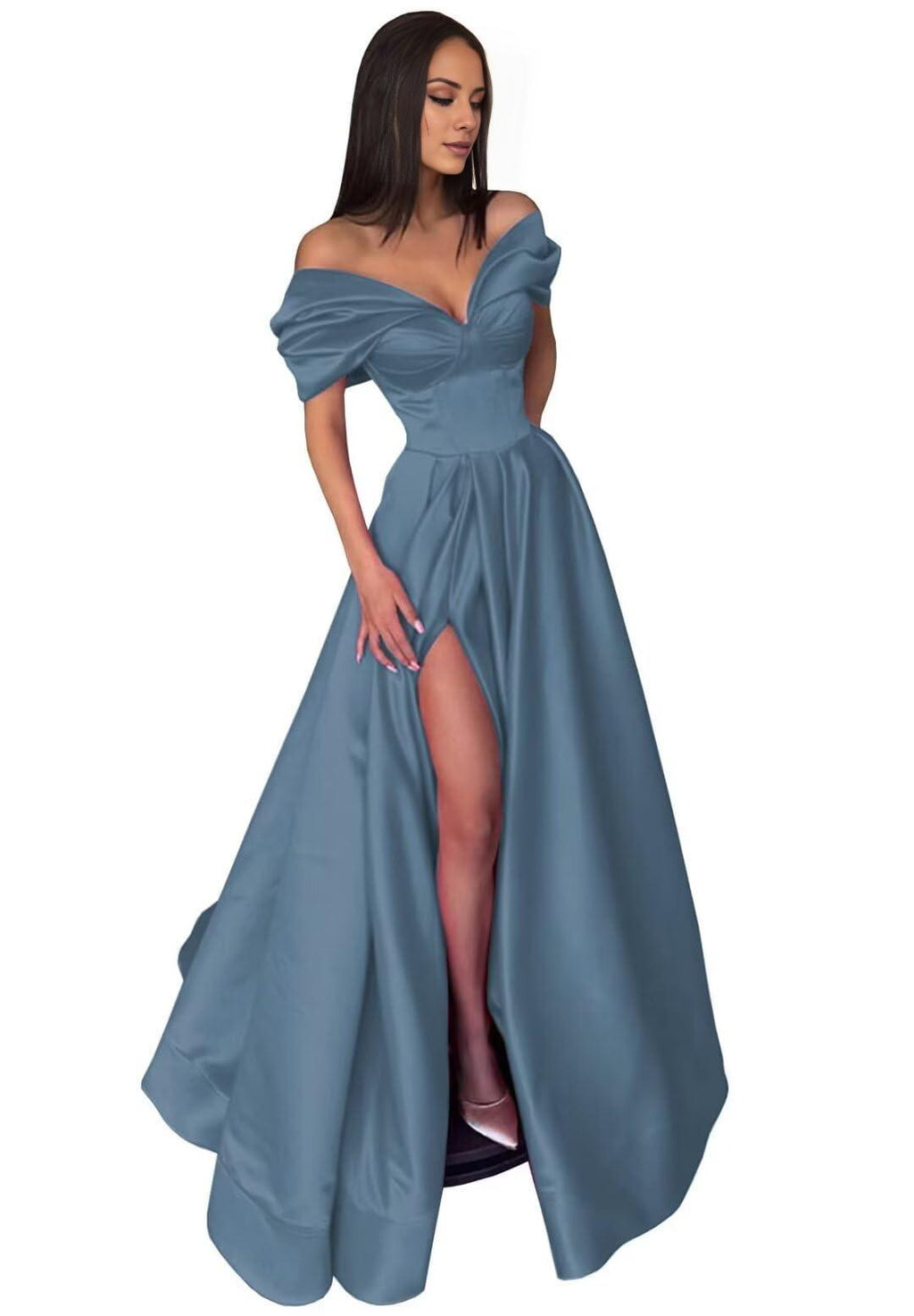 Black Evening Gown High Split Dress Dress Formal Carival Floor Length Short Sleeve Off Shoulder with Pleats Slit