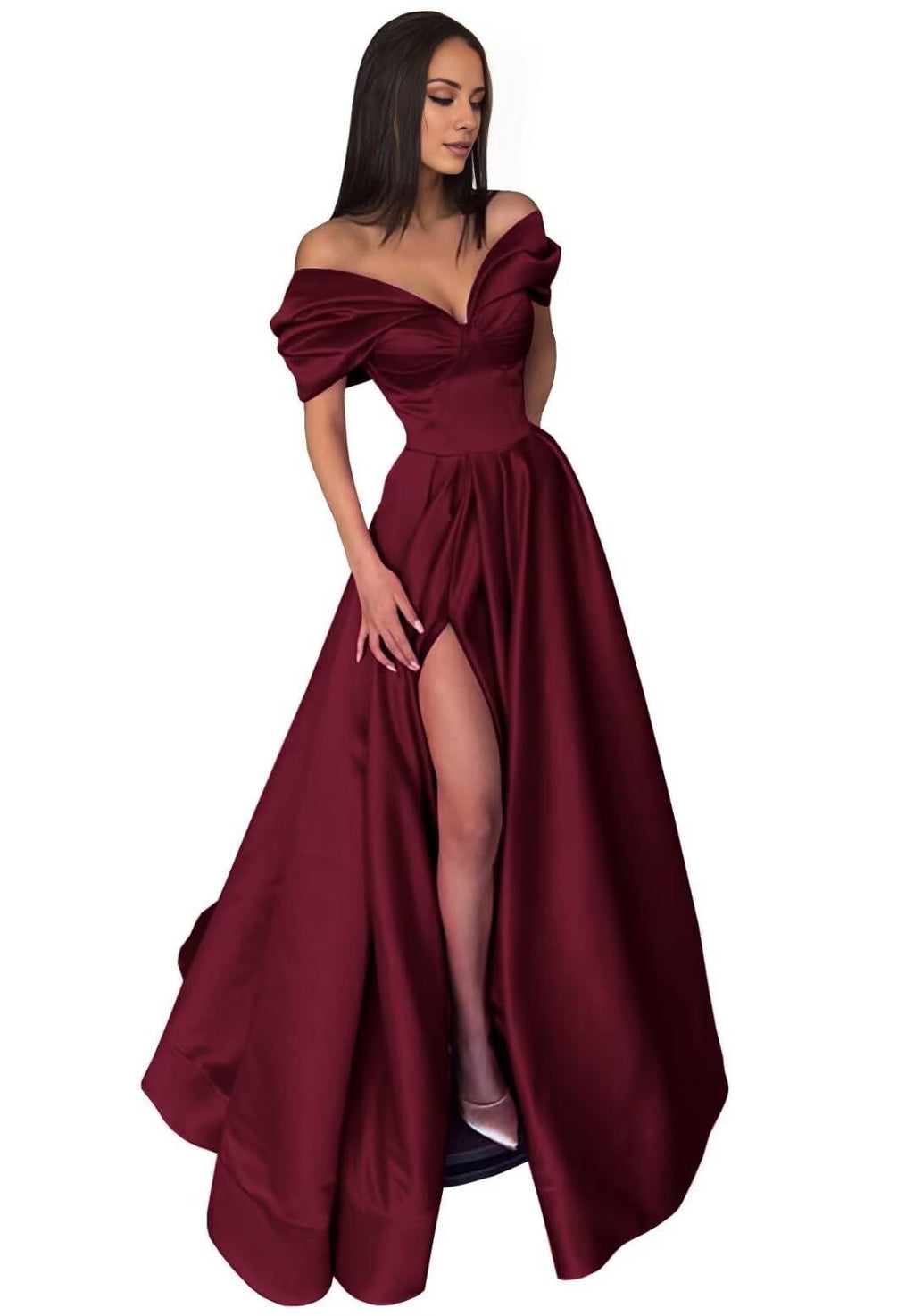 Black Evening Gown High Split Dress Dress Formal Carival Floor Length Short Sleeve Off Shoulder with Pleats Slit