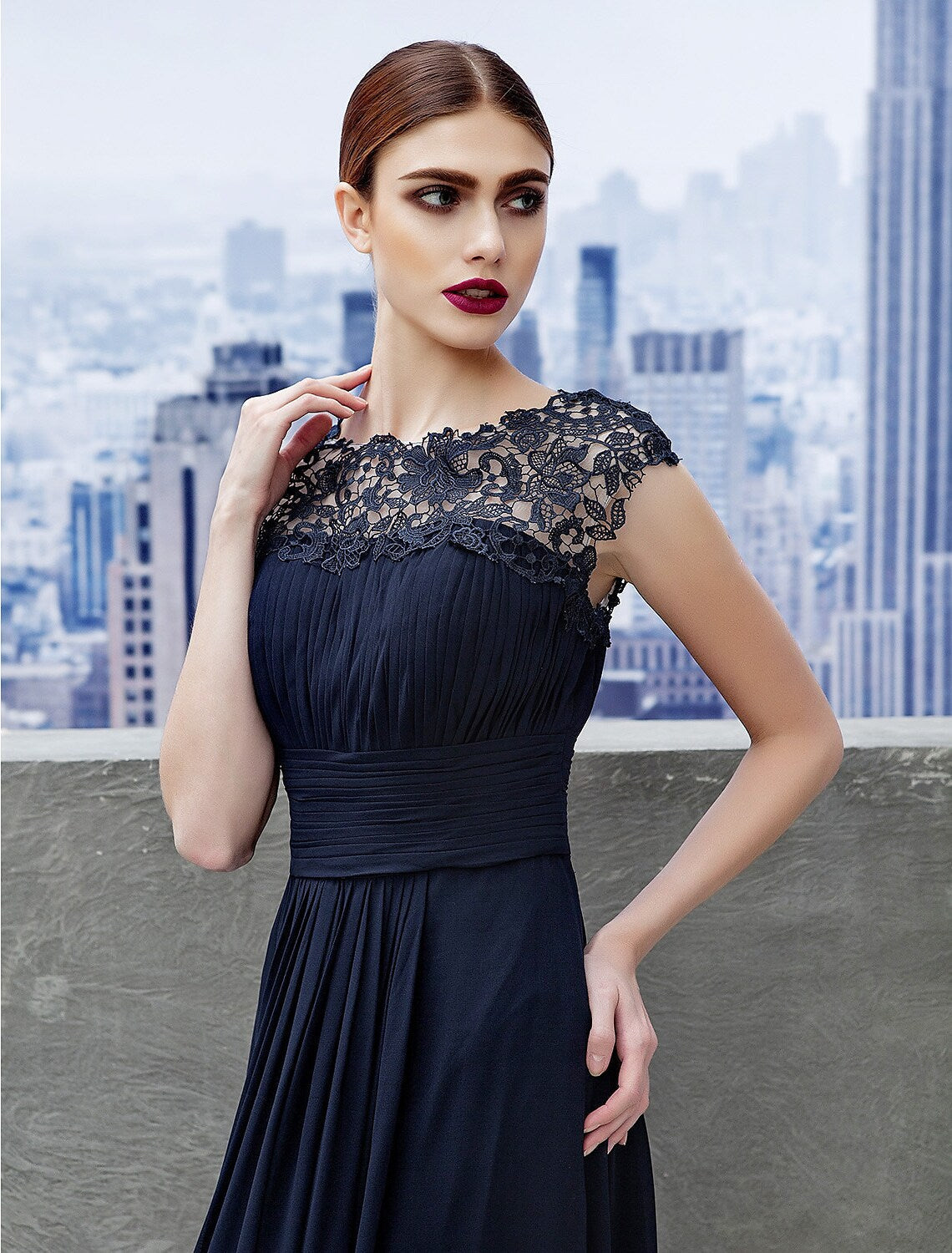 Evening Gown Dress Wedding Guest Floor Length Short Sleeve Boat Neck with Ruched
