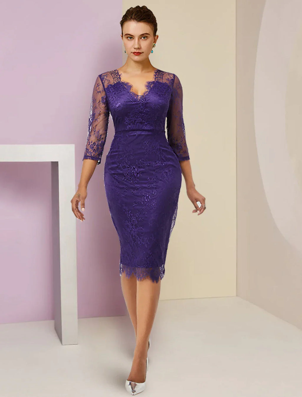 Two Piece Sheath / Column Mother of the Bride Dress Formal Fall Wedding Guest Elegant detachable V Neck Knee Length 3/4 Length Sleeve with Bow(s)