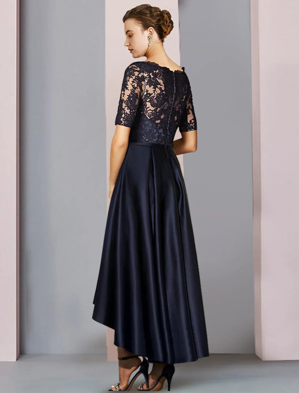 Mother of the Bride Dress Fall Wedding Guest Elegant High Low Scoop Neck Asymmetrical Tea Length Short Sleeve with Bow(s) Pleats Appliques
