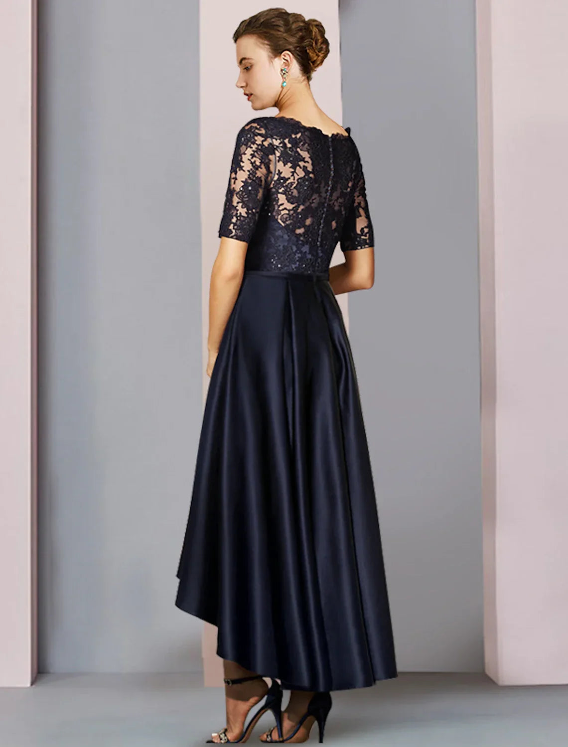 Mother of the Bride Dress Fall Wedding Guest Elegant High Low Scoop Neck Asymmetrical Tea Length Short Sleeve with Bow(s) Pleats Appliques