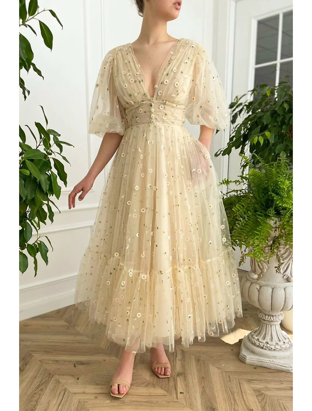 Floral Dress Formal Wedding Guest Ankle Length Half Sleeve V Neck V Back with Pleats Ruched