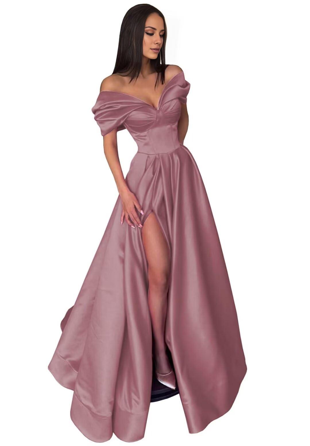 Black Evening Gown High Split Dress Dress Formal Carival Floor Length Short Sleeve Off Shoulder with Pleats Slit