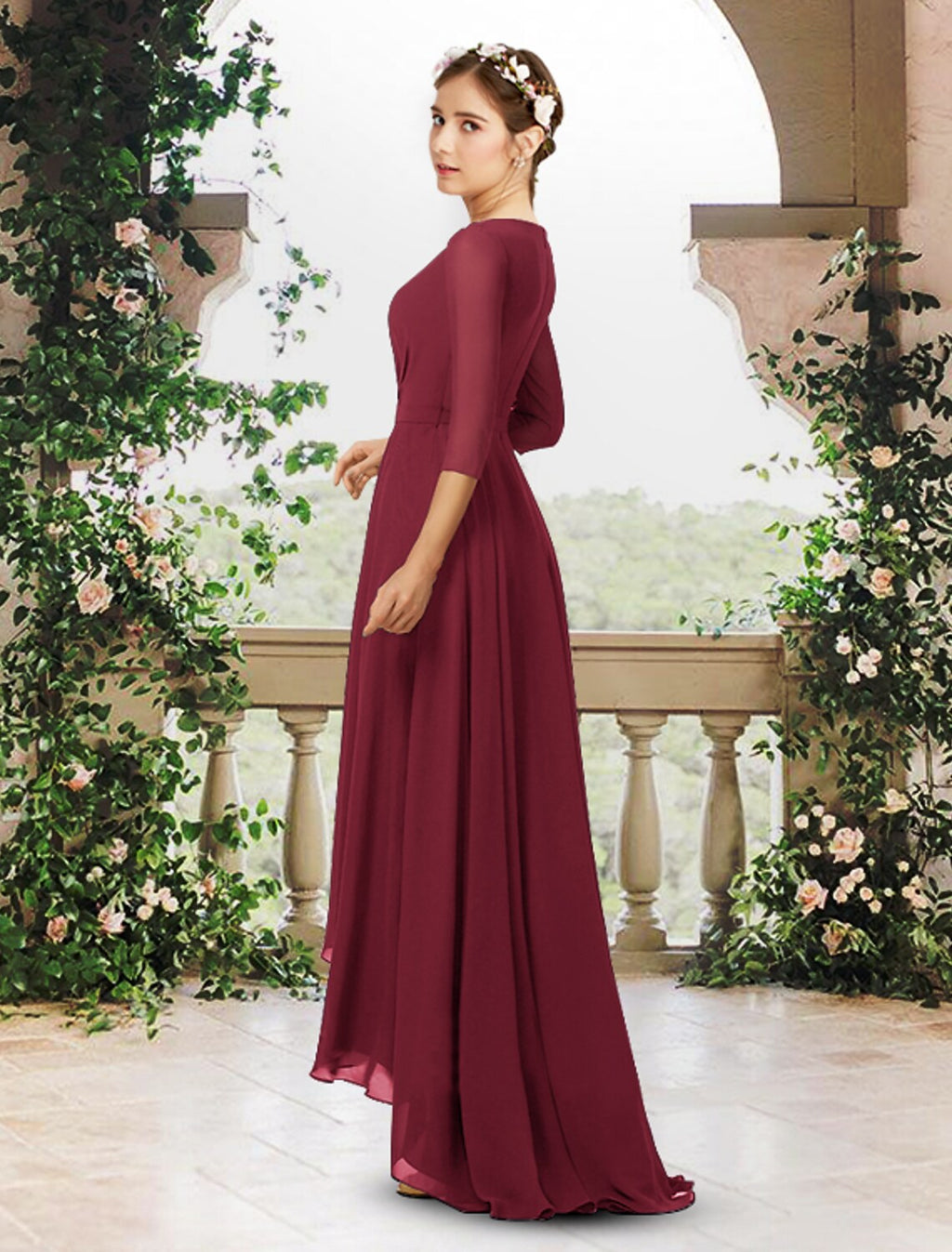 Bridesmaid Dress V Neck 3/4 Length Sleeve Elegant Sweep / Brush Train / Asymmetrical with Pleats