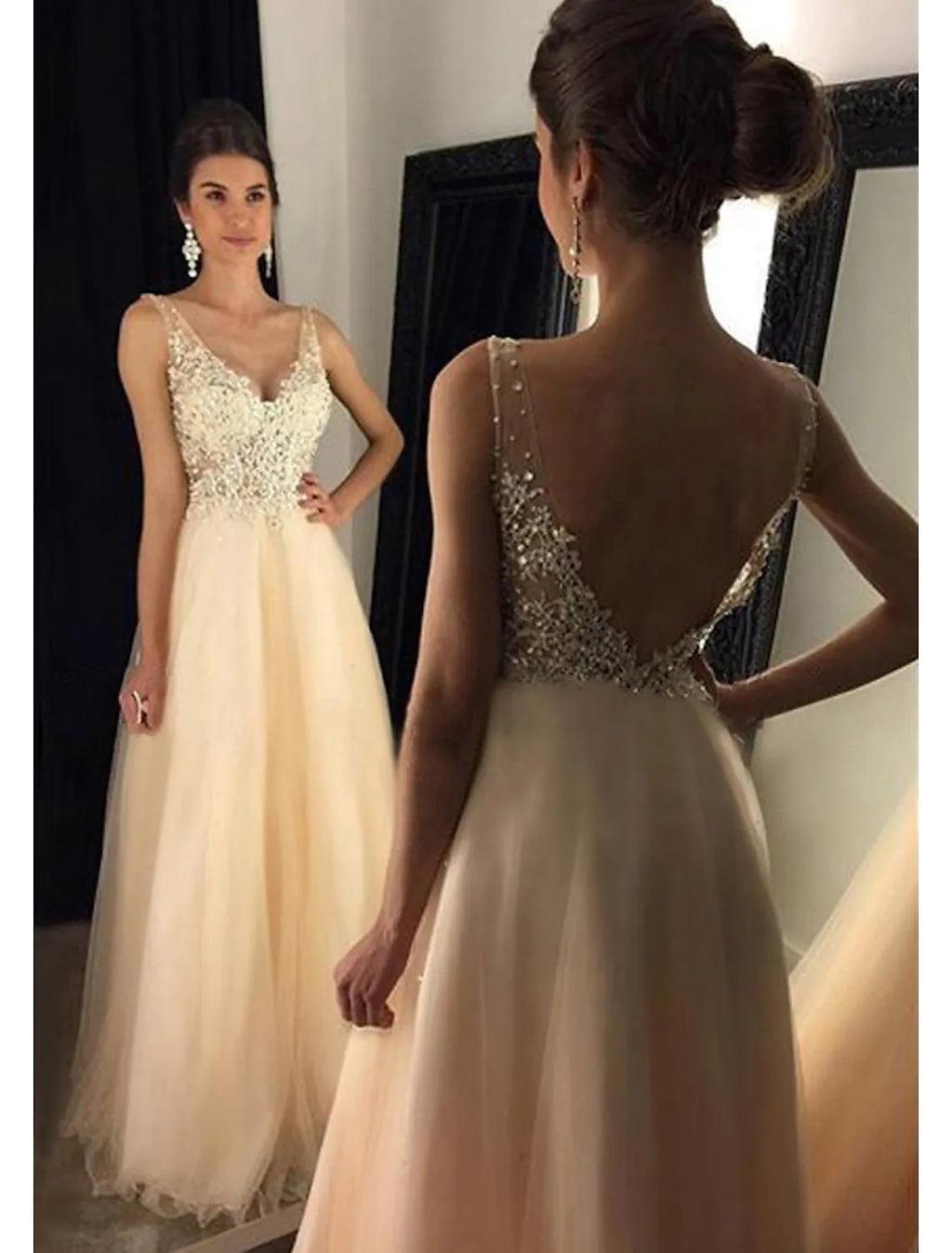 Formal Floor Length Sleeveless V Neck V Back Beading Appliques