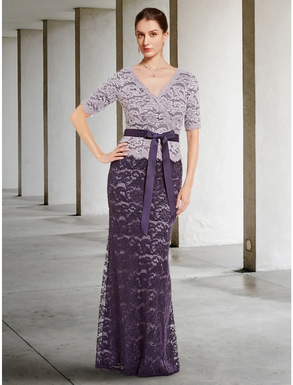 Mother of the Bride Dress Wedding Guest Elegant V Neck Floor Length Short Sleeve with Bow(s) Ruching