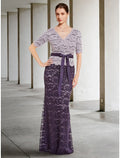 Mother of the Bride Dress Wedding Guest Elegant V Neck Floor Length Short Sleeve with Bow(s) Ruching