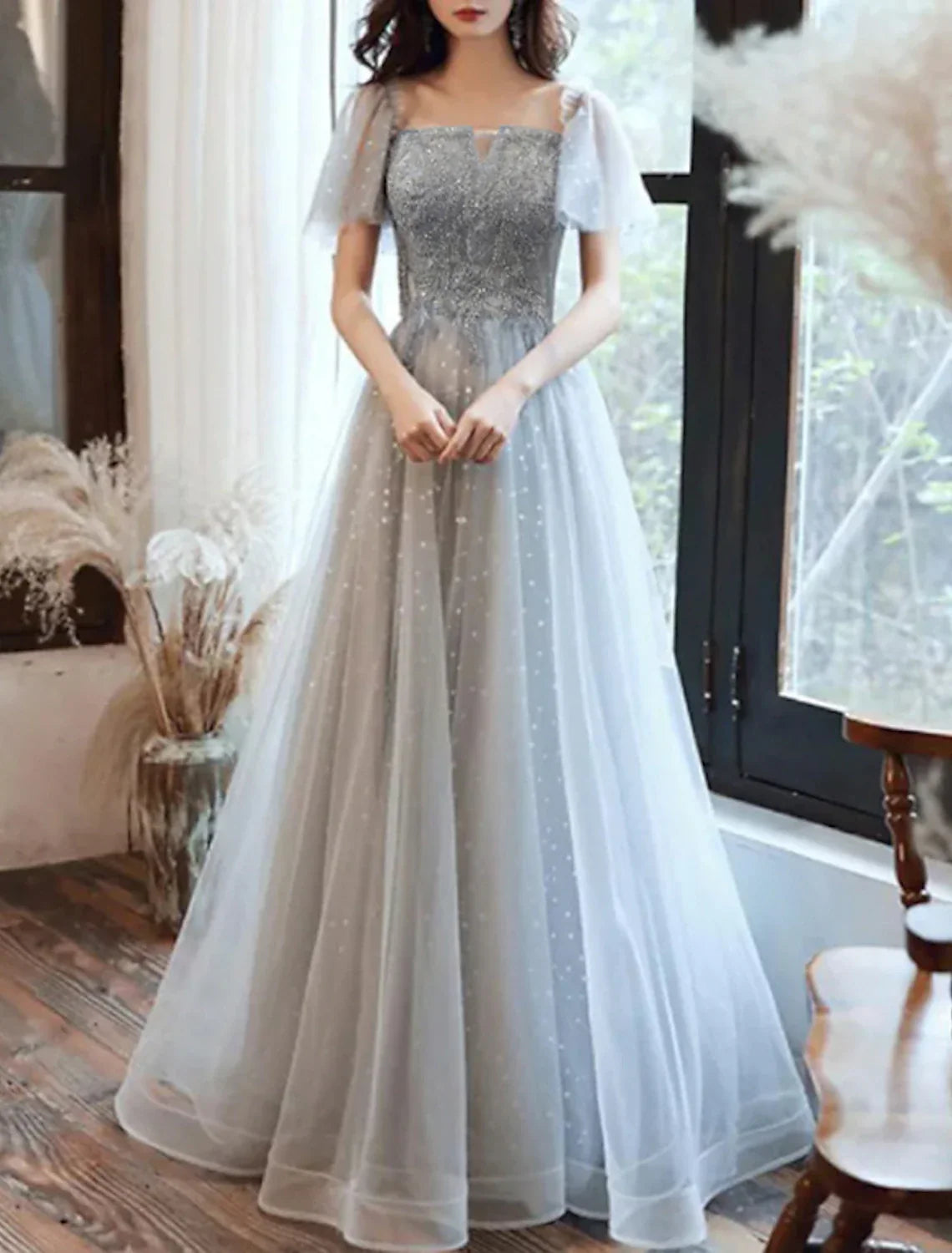 Glittering Elegant Wedding Guest Formal Evening Dress Scoop Neck Short Sleeve Floor Length with Pleats