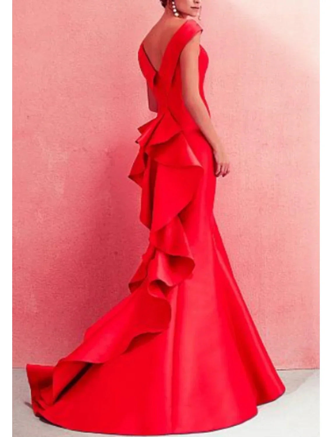 Green Mermaid Beautiful Back Red Dress Formal Evening Dress Off Shoulder Short Sleeve Floor Length with Ruffles Draping