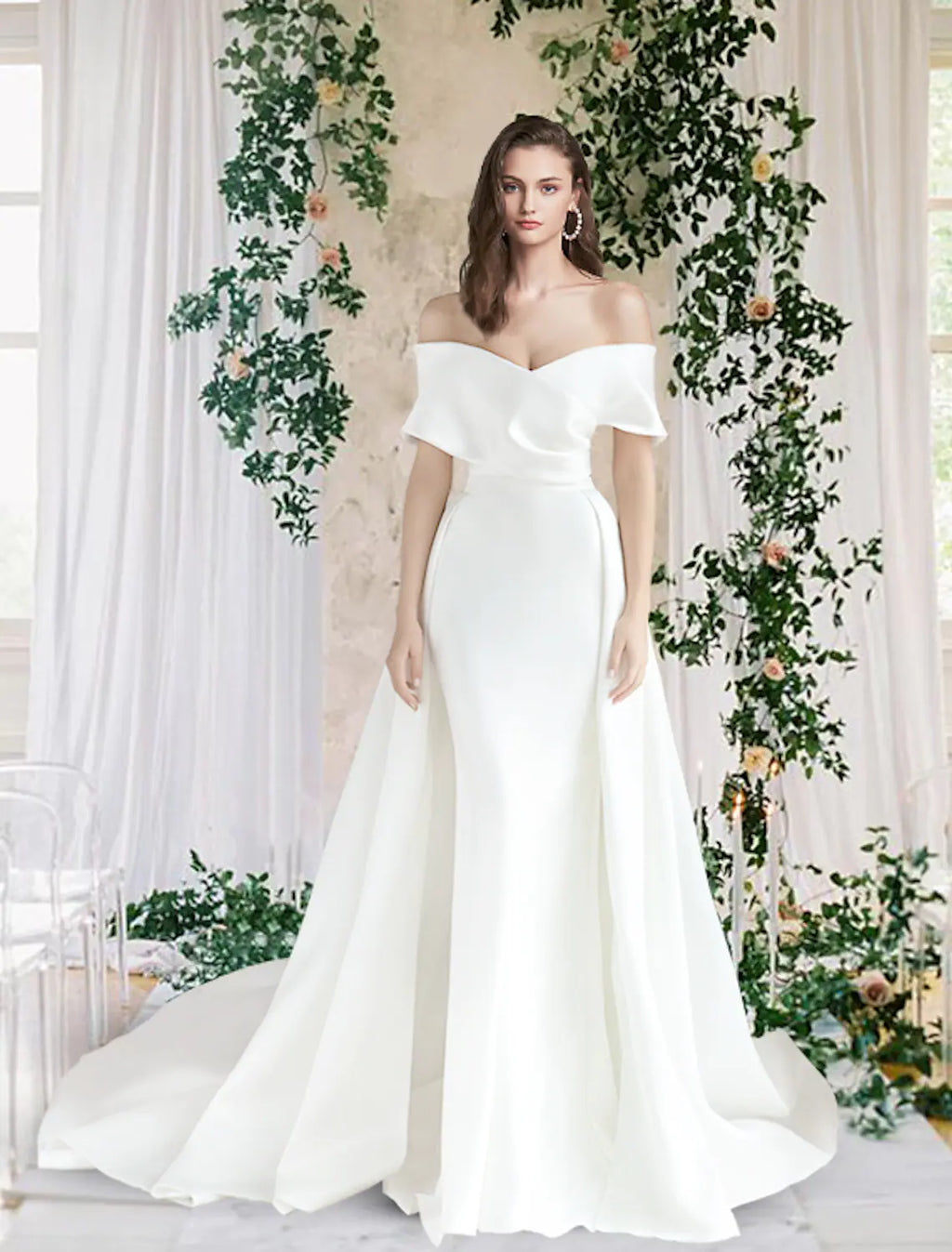 Casual Wedding Dresses Short Sleeve Off Shoulder With Ruched