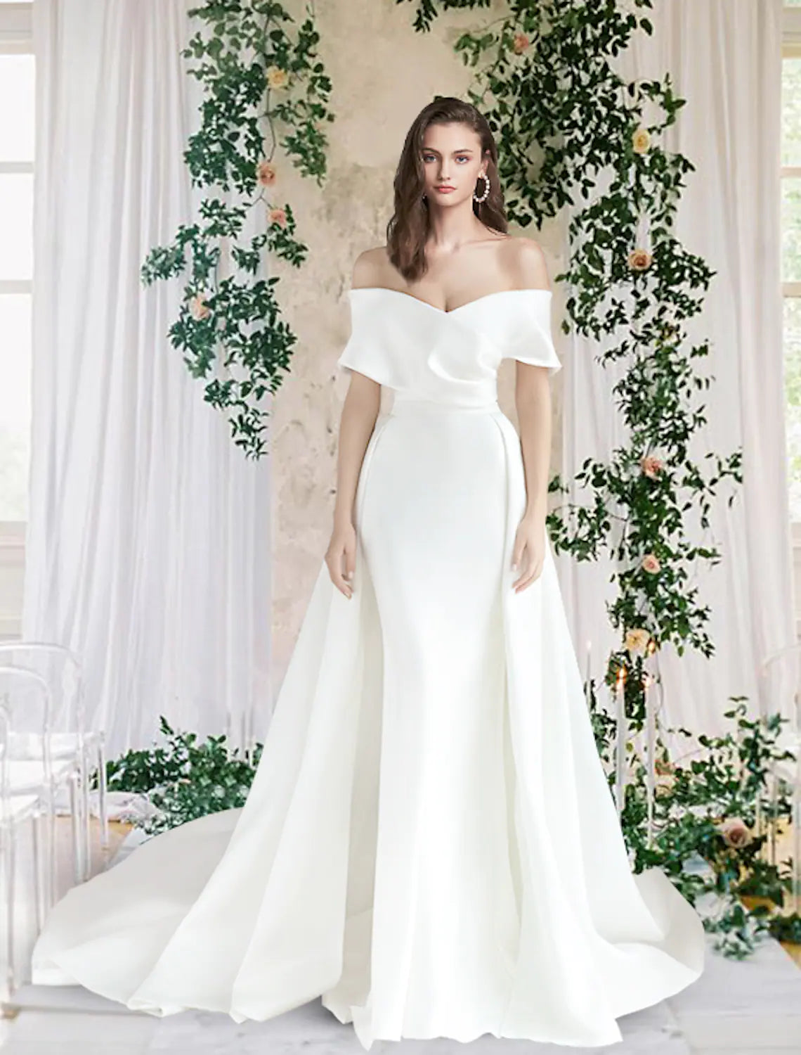 Casual Wedding Dresses Short Sleeve Off Shoulder With Ruched