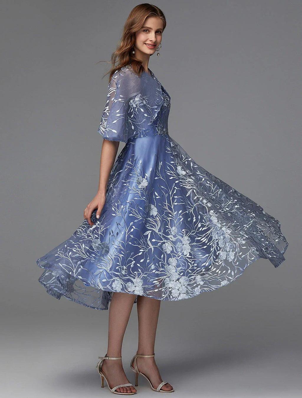 Floral Dress Wedding Guest Cocktail Party Tea Length Sleeveless V Neck V Back with Pattern / Print Appliques
