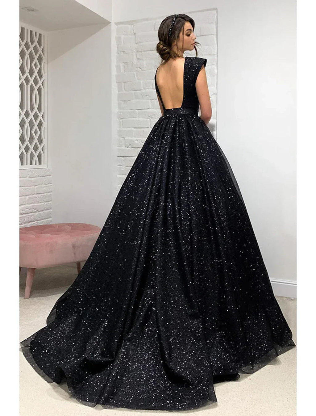Ball Gown A-Line Prom Dresses Sparkle & Shine Dress Formal Sweep / Brush Train Sleeveless V Neck Wednesday Addams Family Backless with Pleats