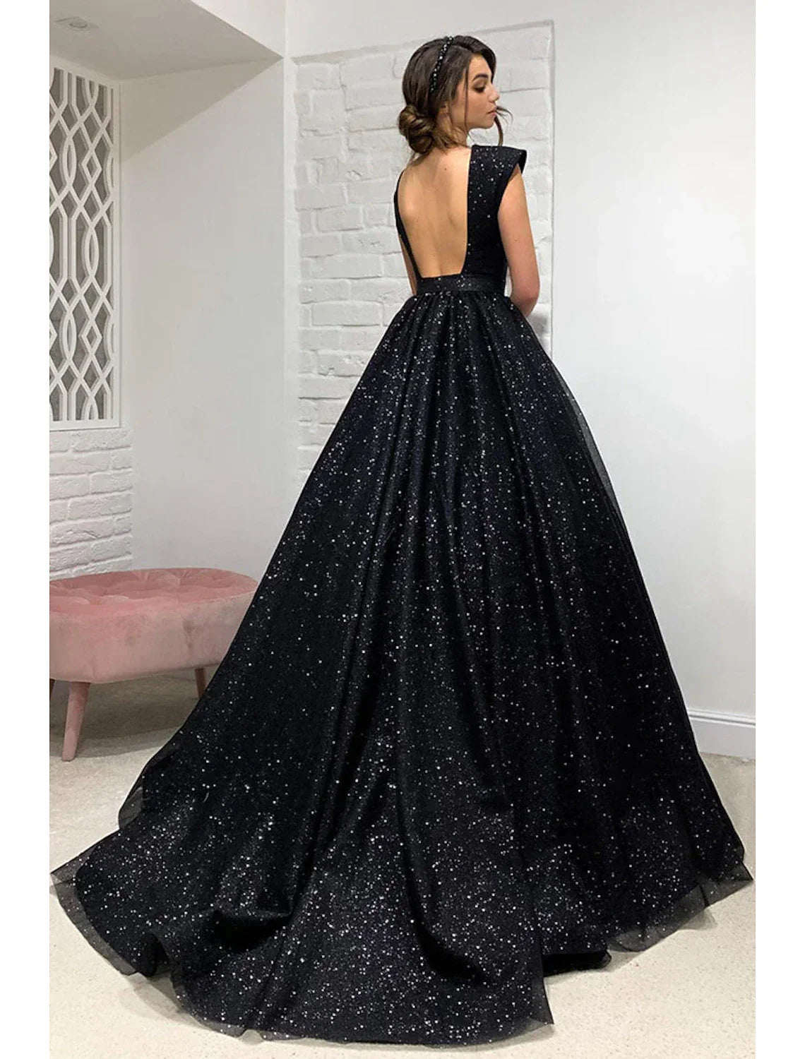 Ball Gown A-Line Prom Dresses Sparkle & Shine Dress Formal Sweep / Brush Train Sleeveless V Neck Wednesday Addams Family Backless with Pleats