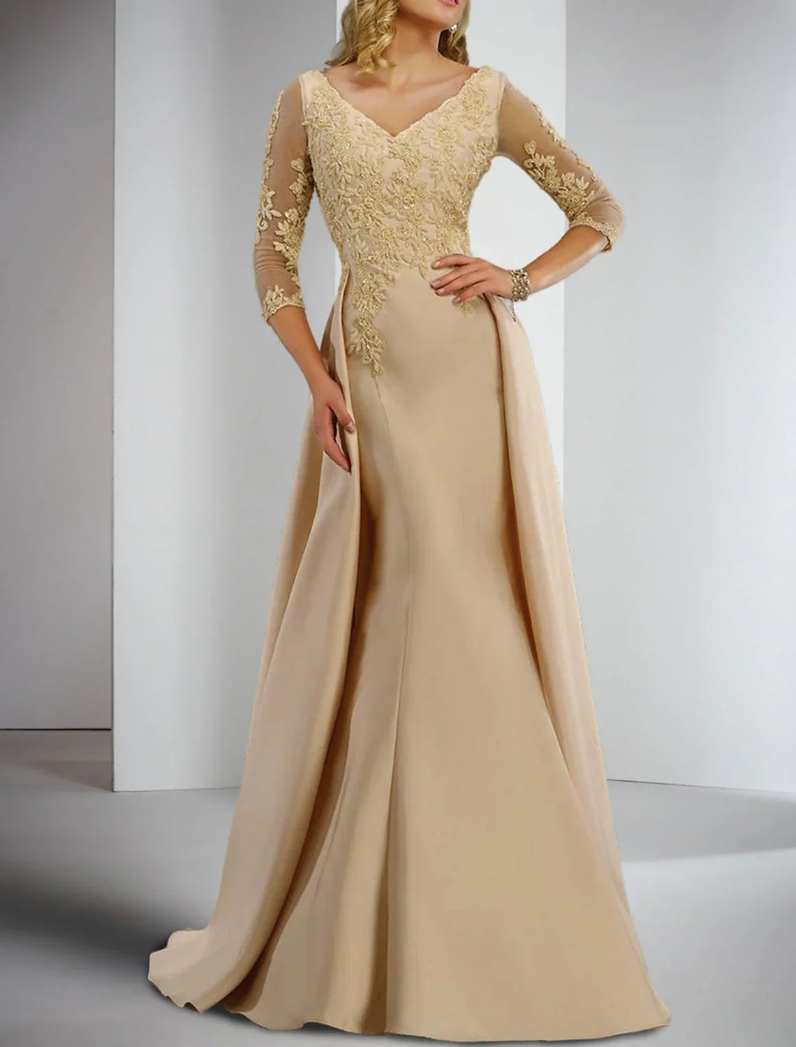 Sheath / Column Mother of the Bride Dress Formal Wedding Guest Elegant V Neck Floor Length 3/4 Length Sleeve with Appliques
