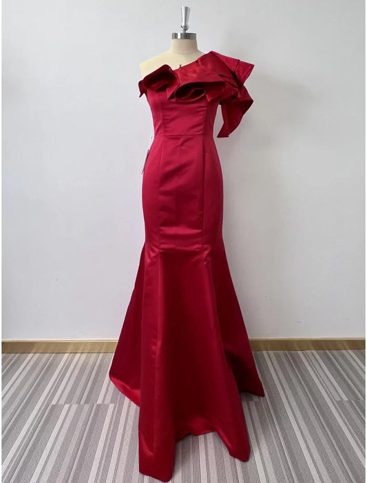 Elegant Red Mermaid One-Shoulder Sleeveless Lace-Up-Back Floor-Length Evening Dress