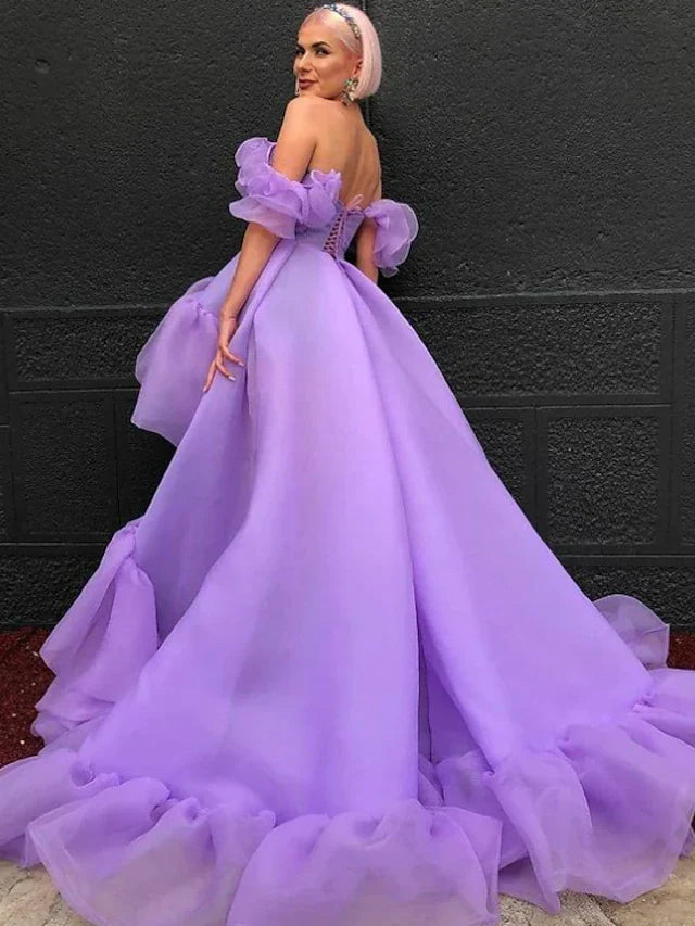 Purple Asymmetrical Short Sleeve Off Shoulder with Tier