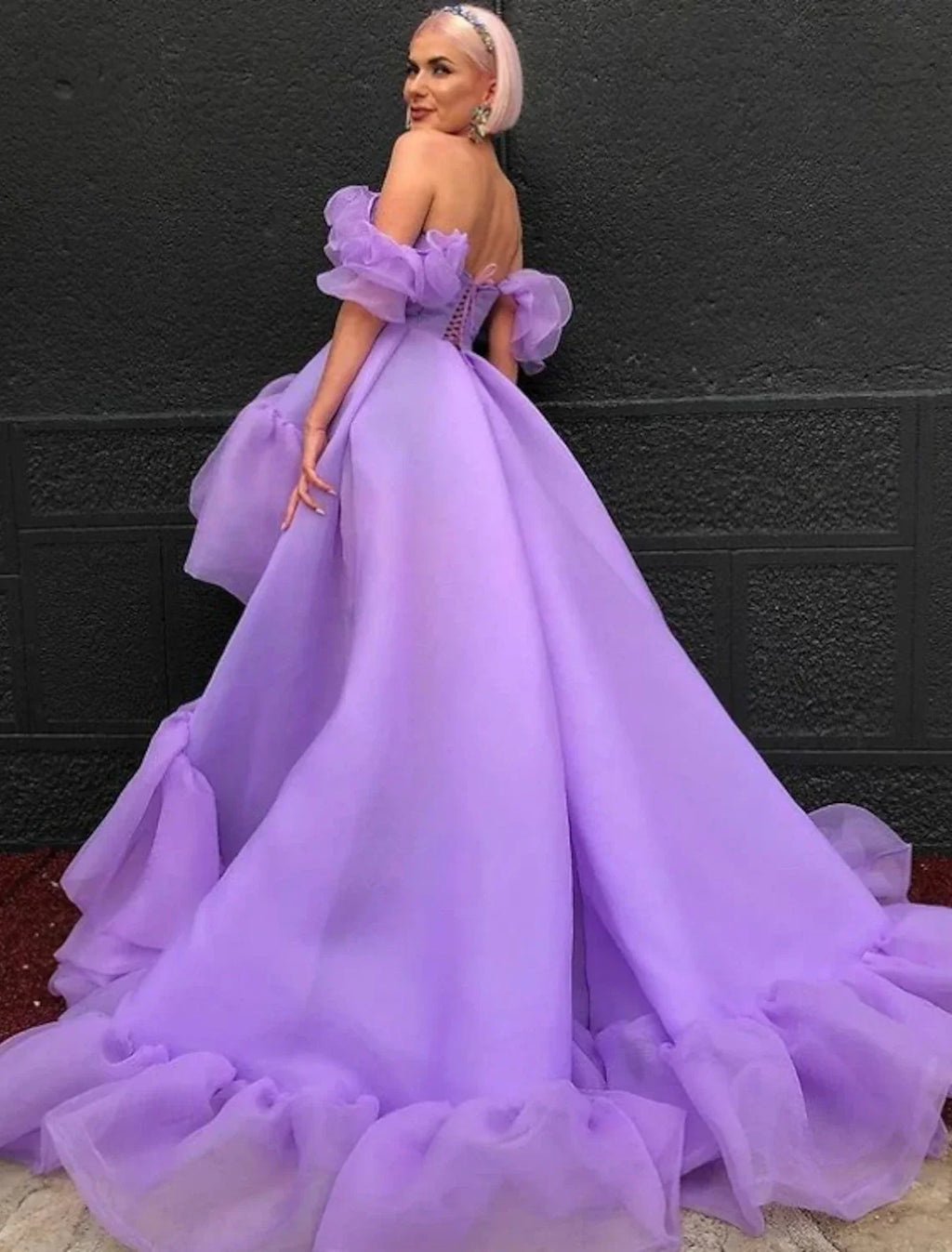 Purple High Low Dress Quinceanera Asymmetrical Short Sleeve Off Shoulder with Tier