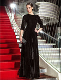 Celebrity Style Dress Wedding Guest Floor Length Length Sleeve with Pleats