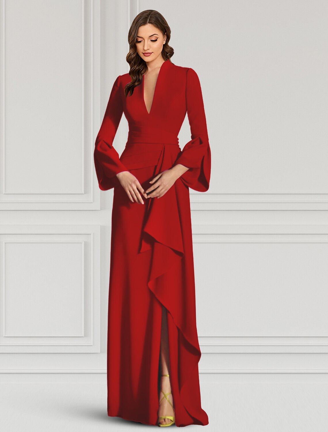Black Sheath Evening Gown Elegant Dress Formal Cocktail Party Dress Floor Length Long Sleeve V Neck Fall Wedding Guest Fabric with Ruffles