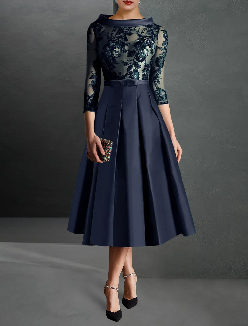 Cocktail Dresses Elegant Dress Formal Kentucky Derby Tea Length 3/4 Length Sleeve Jewel Neck Fall Wedding Guest with Pleats Appliques