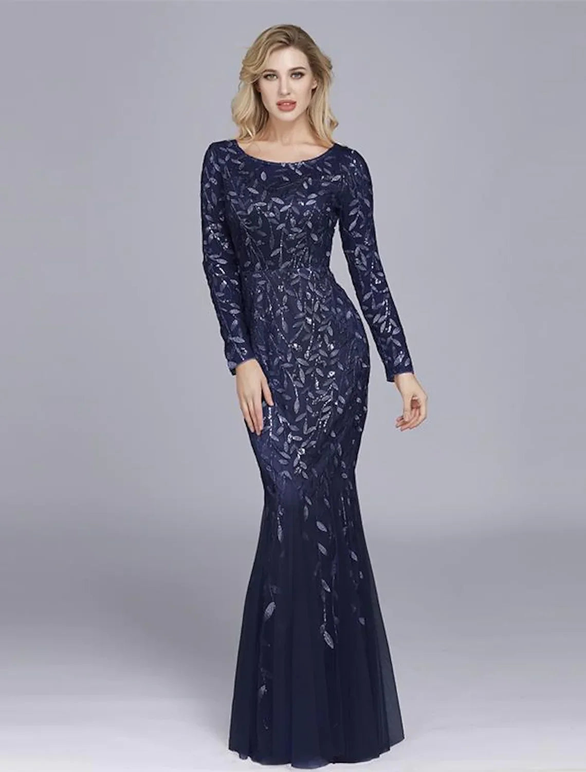 Party Wear Formal Evening Dress Long Sleeve Floor Length with Embroider