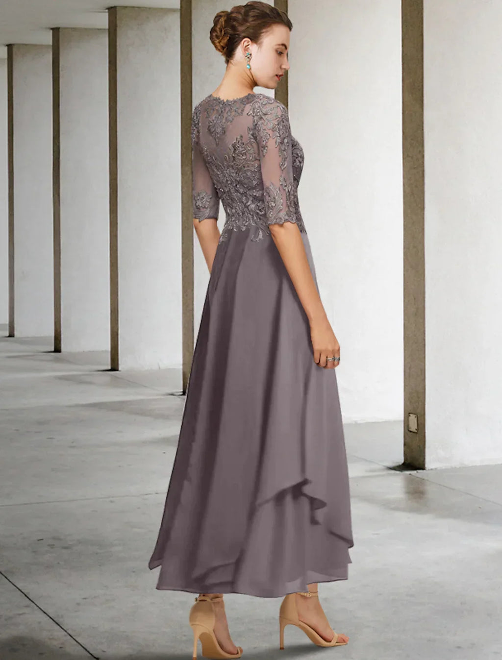 Mother of the Bride Dress Formal Wedding Elegant Asymmetrical Ankle Length Half Sleeve No Beading Appliques