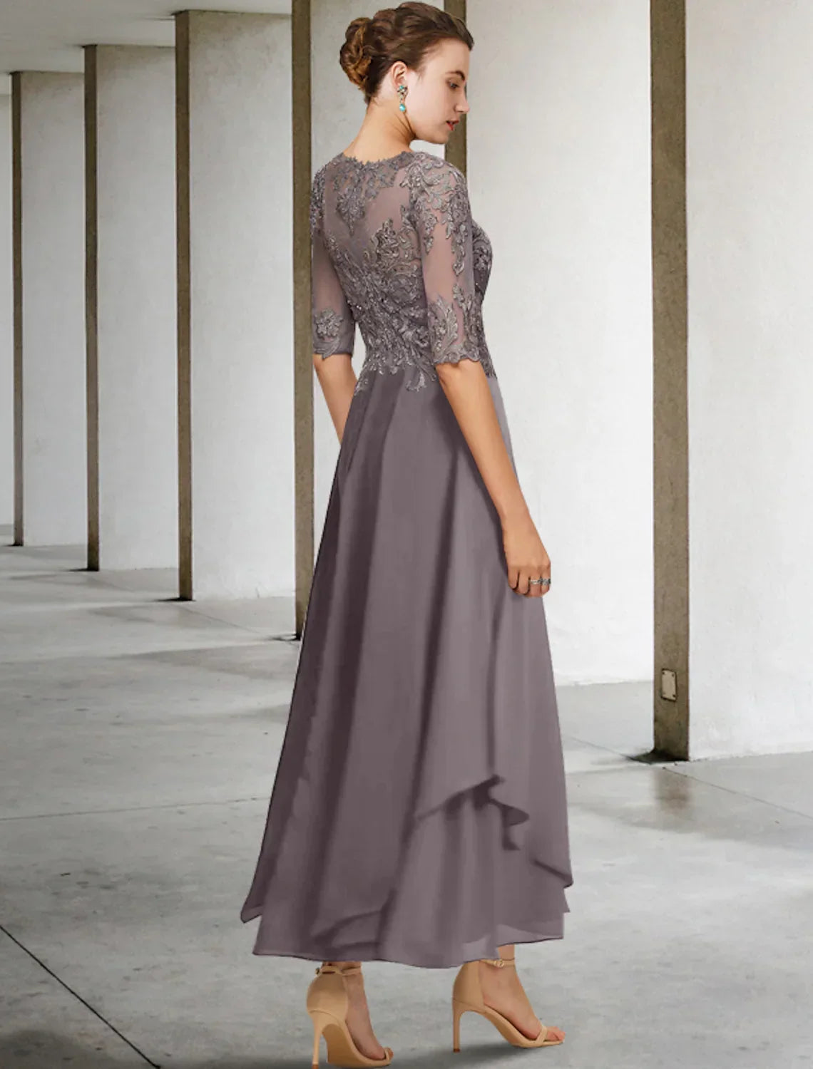 Mother of the Bride Dress Formal Wedding Elegant Asymmetrical Ankle Length Half Sleeve No Beading Appliques