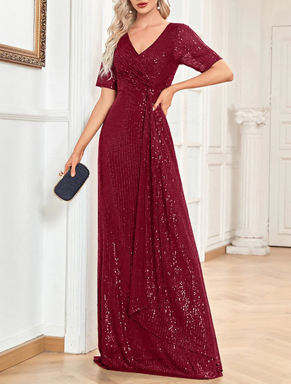 Party Dresses Sparkle & Shine Dress Formal Wedding Guest Floor Length Short Sleeve V Neck