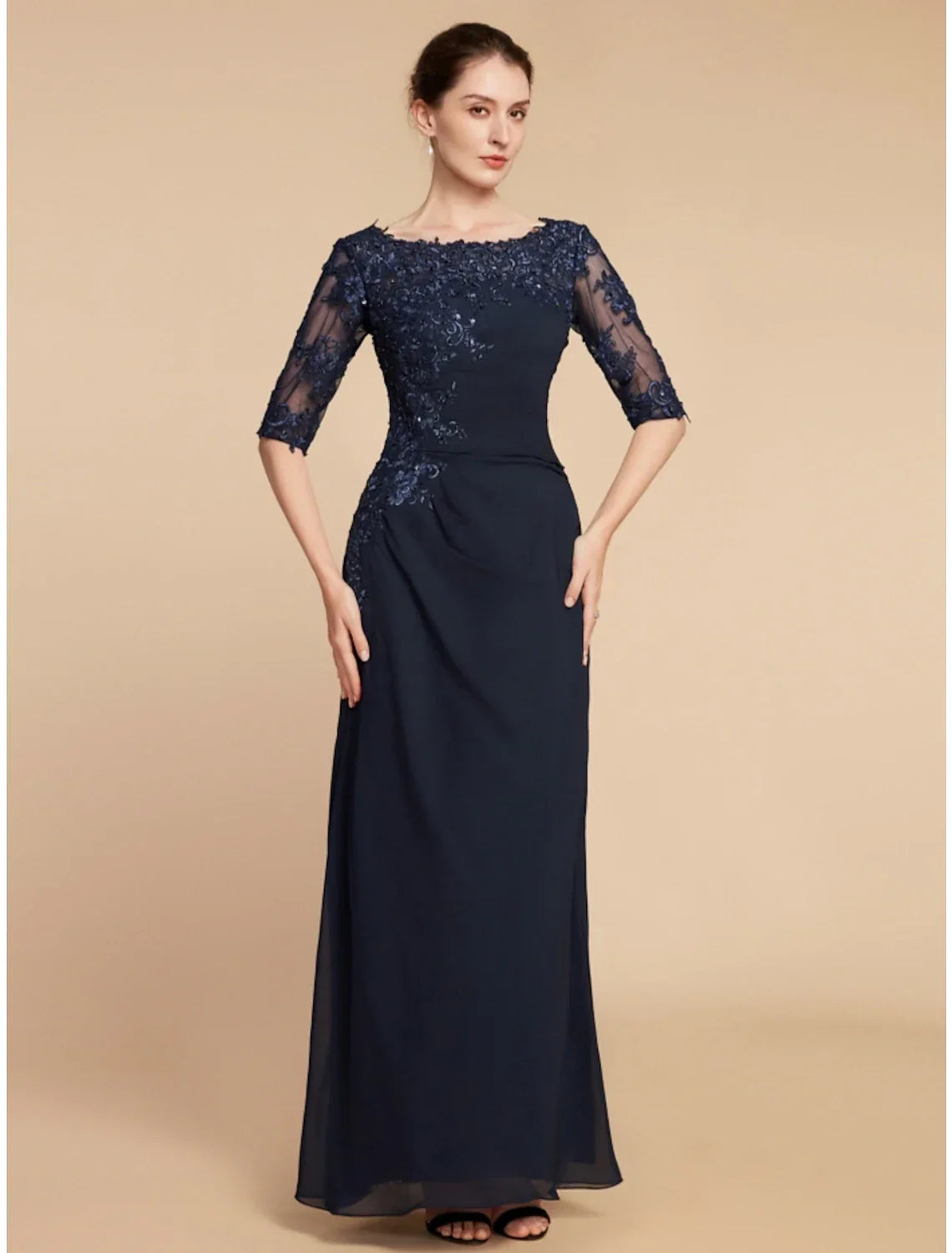 Sheath / Column Mother of the Bride Dress Wedding Guest Elegant Scoop Neck Ankle Length Half Sleeve with Ruching Solid Color