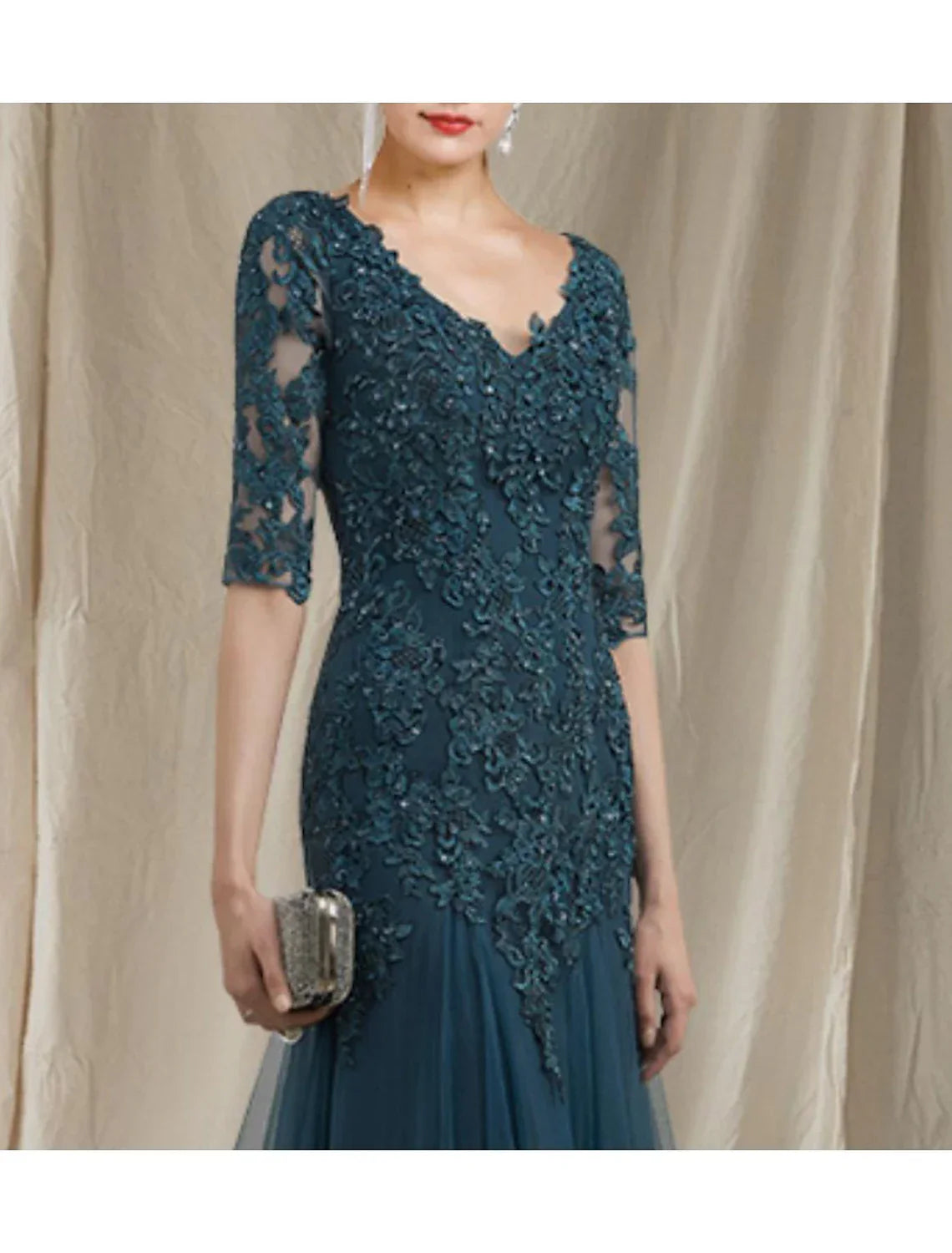 Mother of the Bride Dress Elegant V Neck Sweep / Brush Train Half Sleeve No with Ruffles Appliques