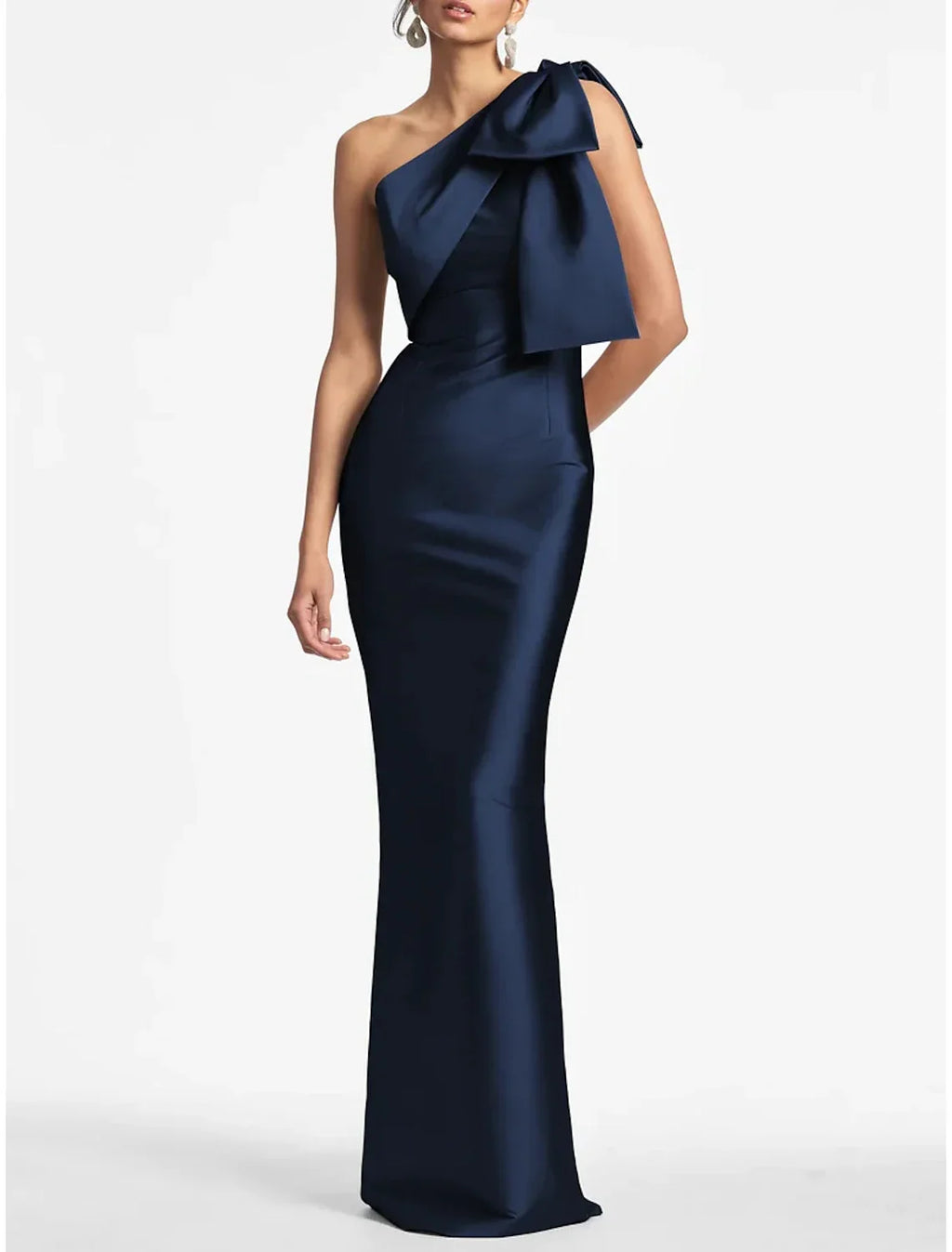 Black Mermaid Party Dress Evening Gown Champagne Elegant Dress Formal Fall Ankle Length Sleeveless One Shoulder with Bow(s) Slit