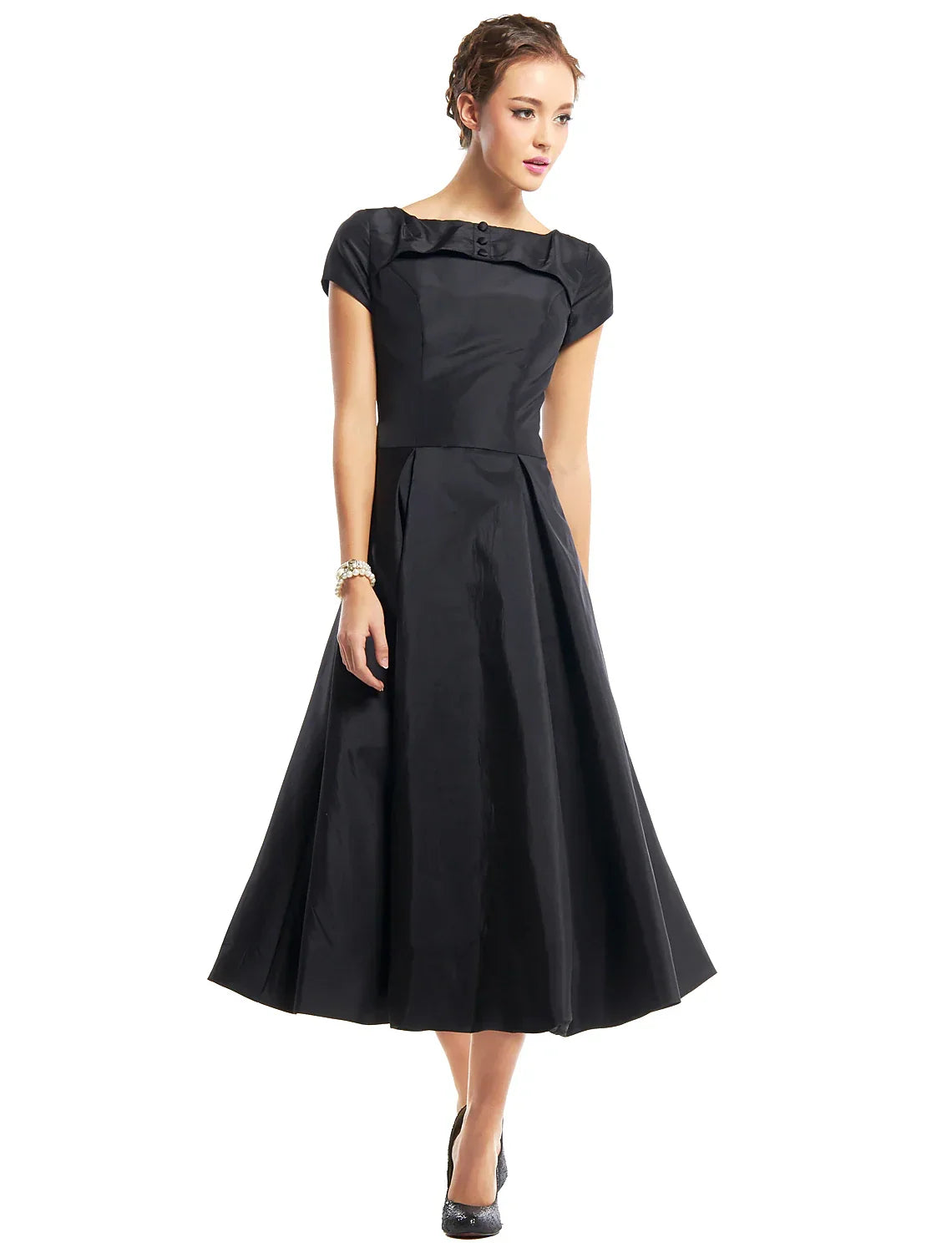 Vintage Dress Homecoming Tea Length Short Sleeve Boat Neck Taffeta with Buttons